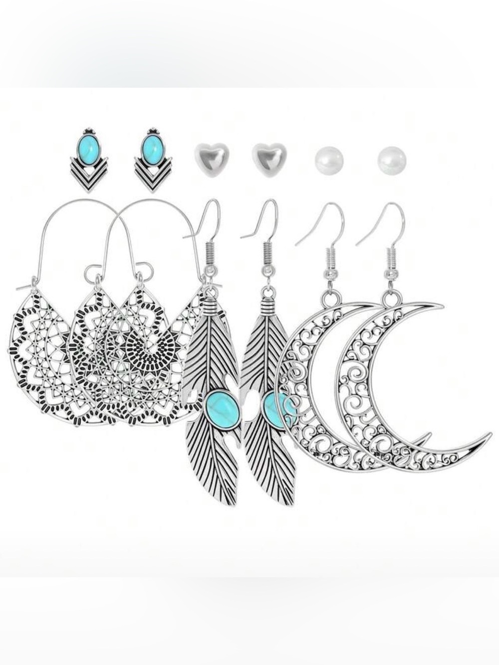 Boho Silver-Tone faux Turquoise Accent Earring Set - 6 Pairs